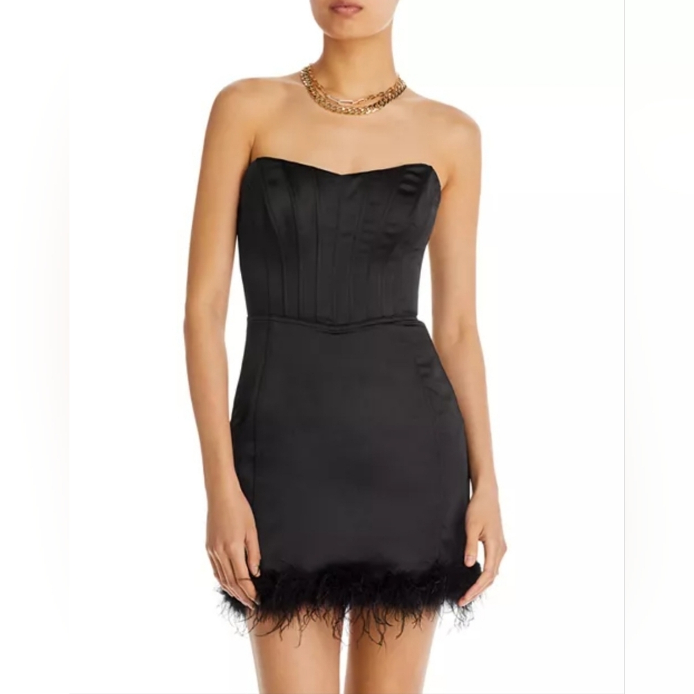 Aqua Strapless Black Feather-Hem Cocktail Dress